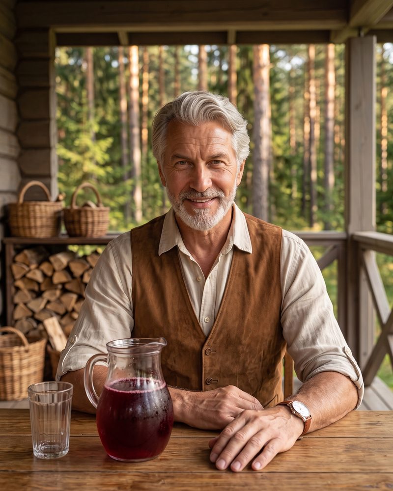 Сергей на веранде с кувшином домашнего свекольного кваса